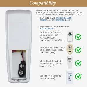 Universal Replacement Ceiling Fan Remote Control Kit for Hampton Bay, Hunter Fans, Light Dimmer 3-Speed Wall Mount for UC7078T/CHQ7078T/RR7079T/L3H2010FANHD/L3H20,Black - Image 3
