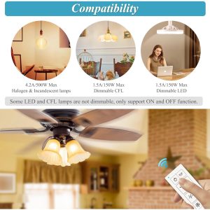 Universal Replacement Ceiling Reomte Kit for Hampton Bay Harbor Breeze Hunter, Ceiling Fan Wall Switch for 3 Speed and Light Dimmer, , 2-8H Timmer for AN-53T,FAN-35T,UC7078T Fan-HD CHQ7078T L3H2010F - Image 5